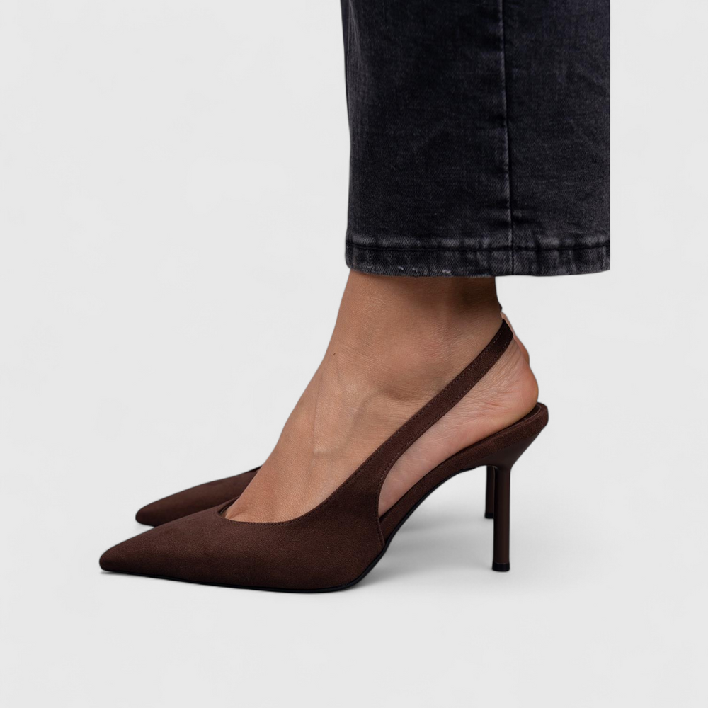 Brown real leather pointed-toe heels with slim high stiletto heel