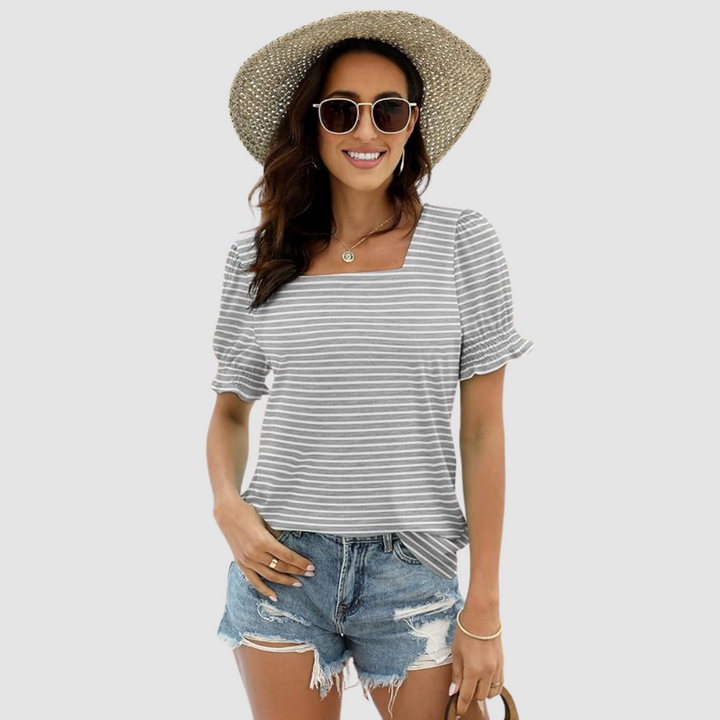 Célina™ square neck top with short sleeves and gray-and-white stripes