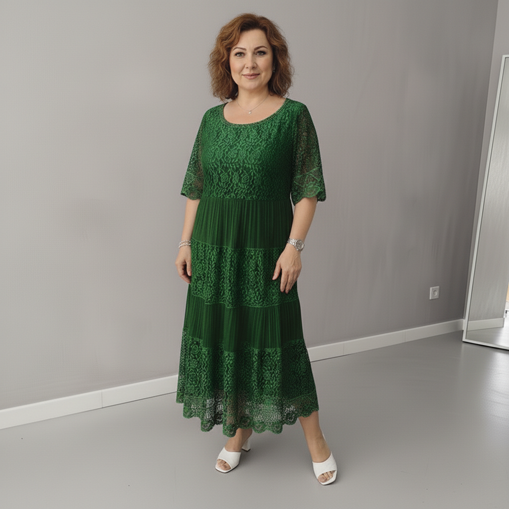 Green lace tiered midi dress, full-length tiers with lace neckline and short sleeves