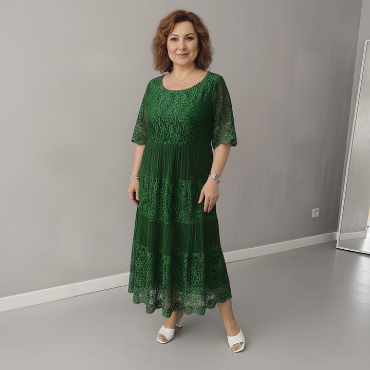 Green lace tiered midi dress, full-length tiers with lace neckline and short sleeves