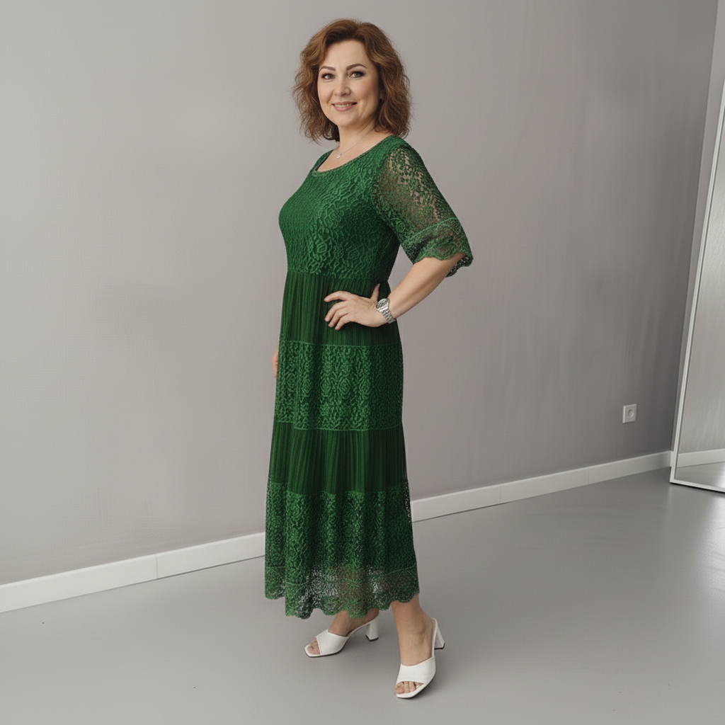 Green lace tiered midi dress in dark green with lace hem details