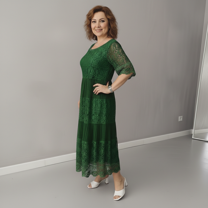 Green lace tiered midi dress in dark green with lace hem details