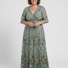 Sage green floral V-neck short-sleeve maxi dress with elastic waist