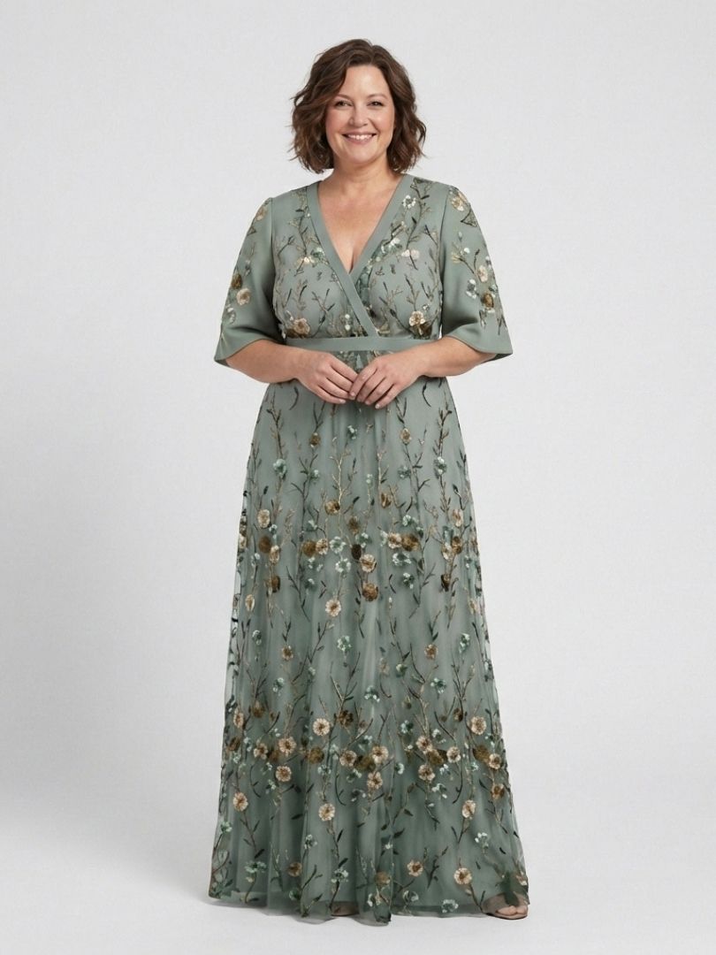 Sage green floral V-neck short-sleeve maxi dress with elastic waist