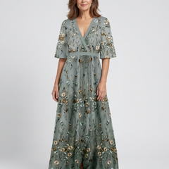 Sage green floral V-neck short-sleeve maxi dress with tiered skirt
