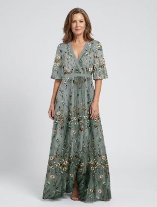Sage green floral V-neck short-sleeve maxi dress with tiered skirt