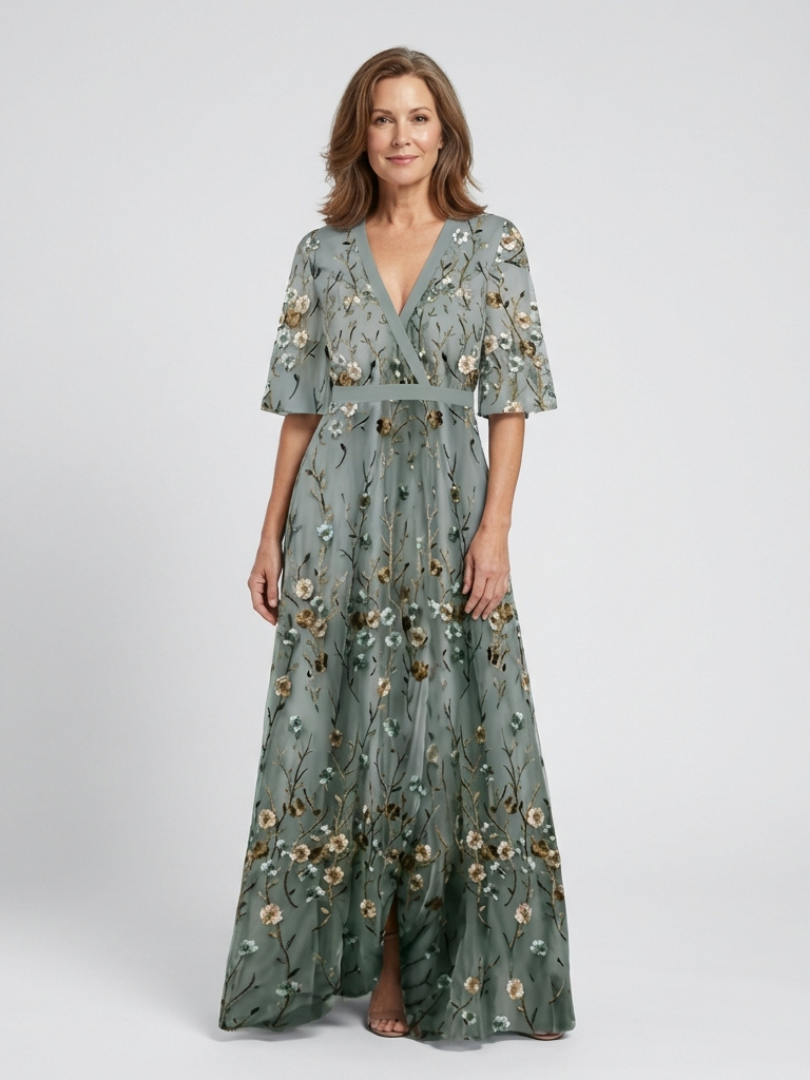Sage green floral V-neck short-sleeve maxi dress with tiered skirt