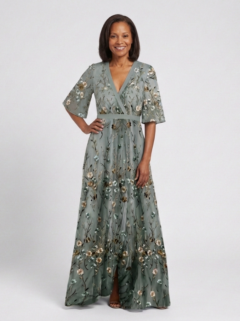 Sage green floral V-neck maxi dress with puff sleeves and tiered hem