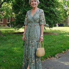 Sage green floral V-neck maxi dress with ankle-length tiered skirt