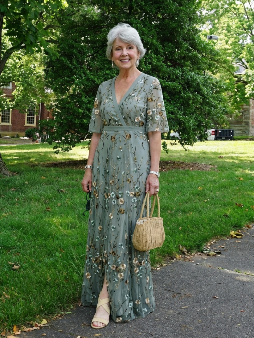 Sage green floral V-neck maxi dress with ankle-length tiered skirt