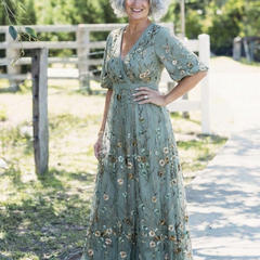 Sage green floral V-neck short-sleeve maxi dress with belted waist