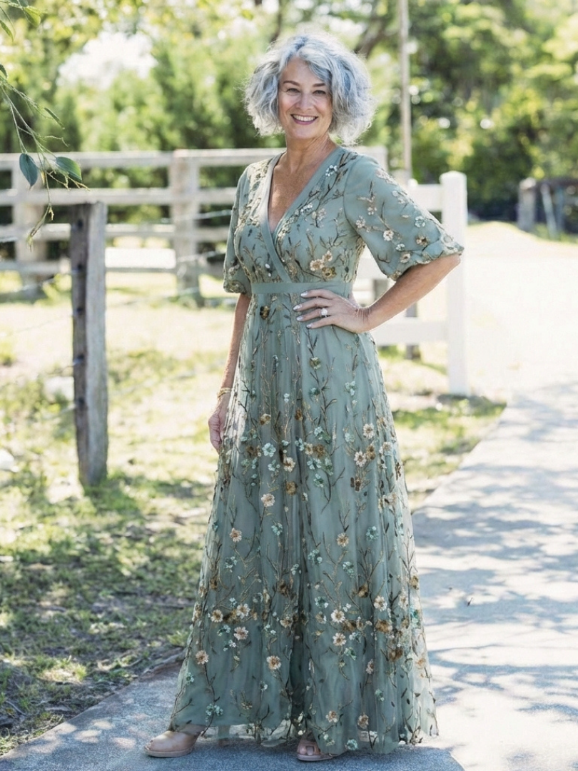 Sage green floral V-neck short-sleeve maxi dress with belted waist