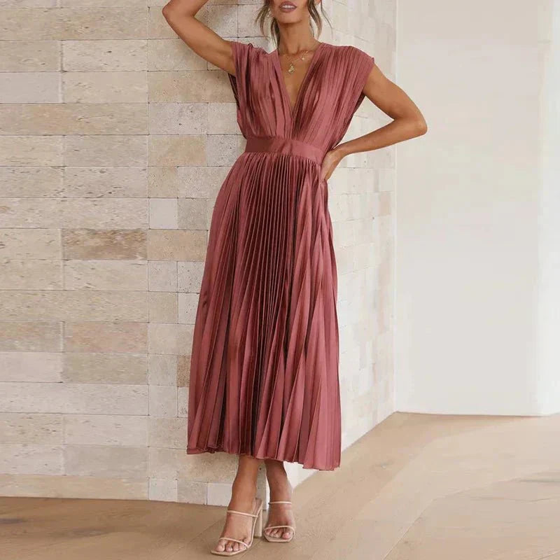 Wine red pleated midi dress with V-neck, short sleeves, and gathered waist
