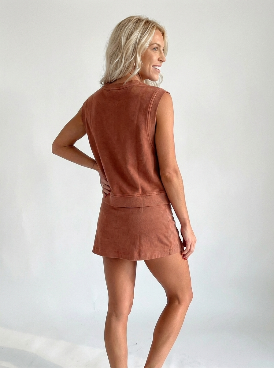 Rust sleeveless crewneck top and matching short set, back view with side tie