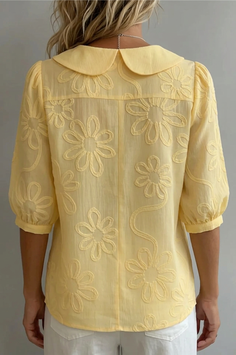 Yellow floral embroidered blouse with back yoke and rounded collar