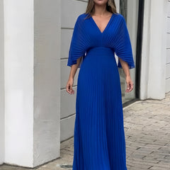 Blue pleated V-neck maxi dress with gathered waist and three-quarter sleeves