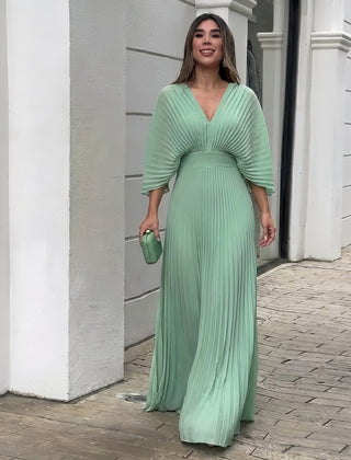 Mint green pleated V-neck maxi dress with gathered waist and three-quarter sleeves