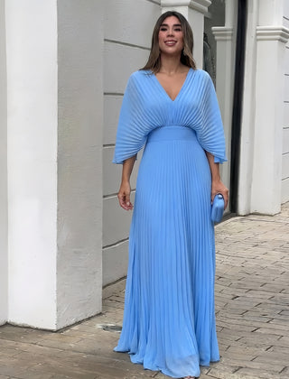 Light blue pleated V-neck maxi dress with gathered waist and flowing skirt