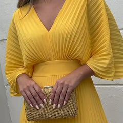 Yellow pleated V-neck maxi dress detail with ruched waist