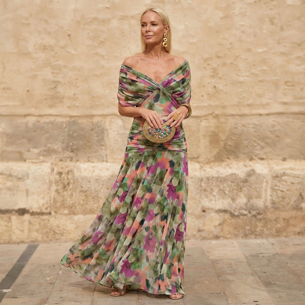 Floral off-shoulder maxi dress with twist waist, multicolor print