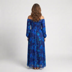 Blue floral off-shoulder maxi dress, back view with long sleeves