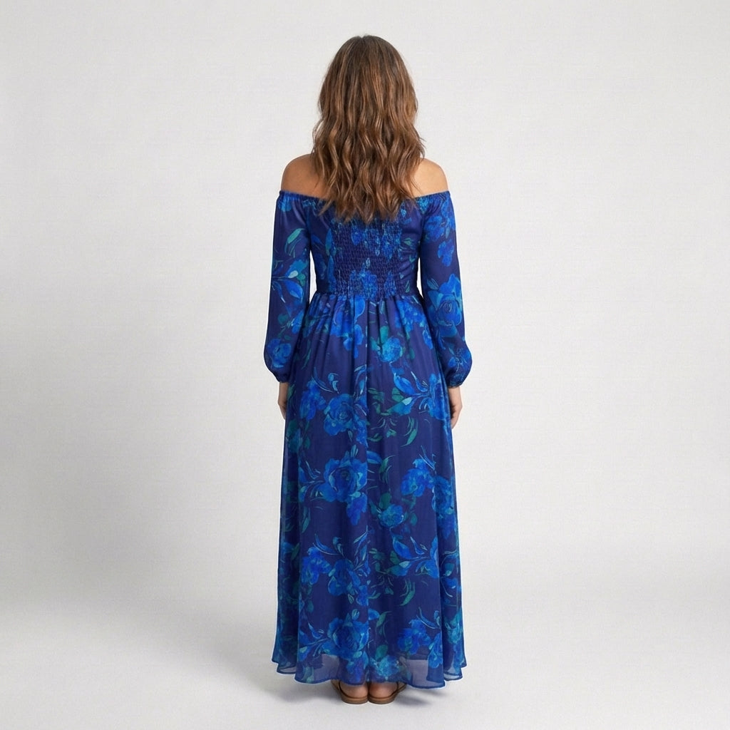 Blue floral off-shoulder maxi dress, back view with long sleeves