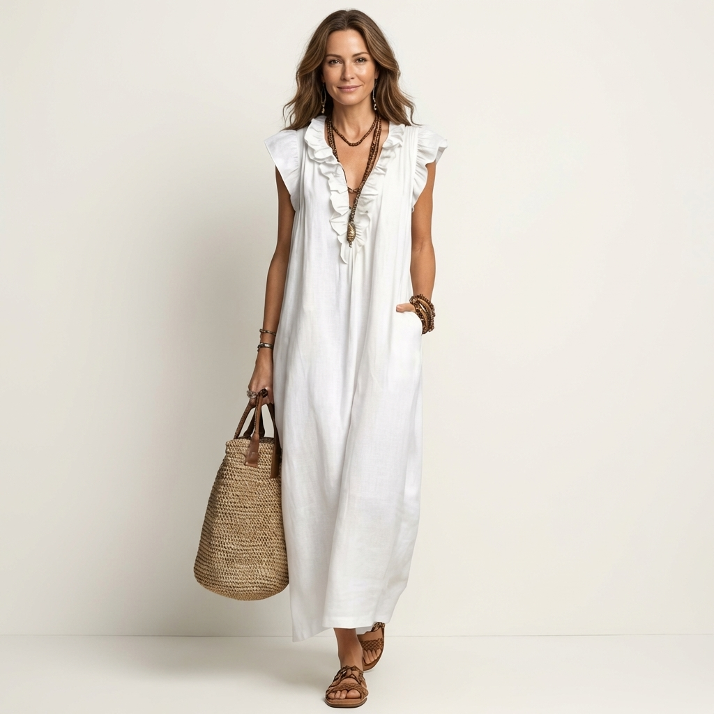 White ruffle V-neck linen maxi dress, sleeveless with button-front detail