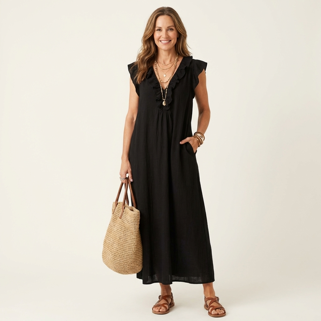 Black linen maxi dress with ruffled V-neck and flutter sleeves