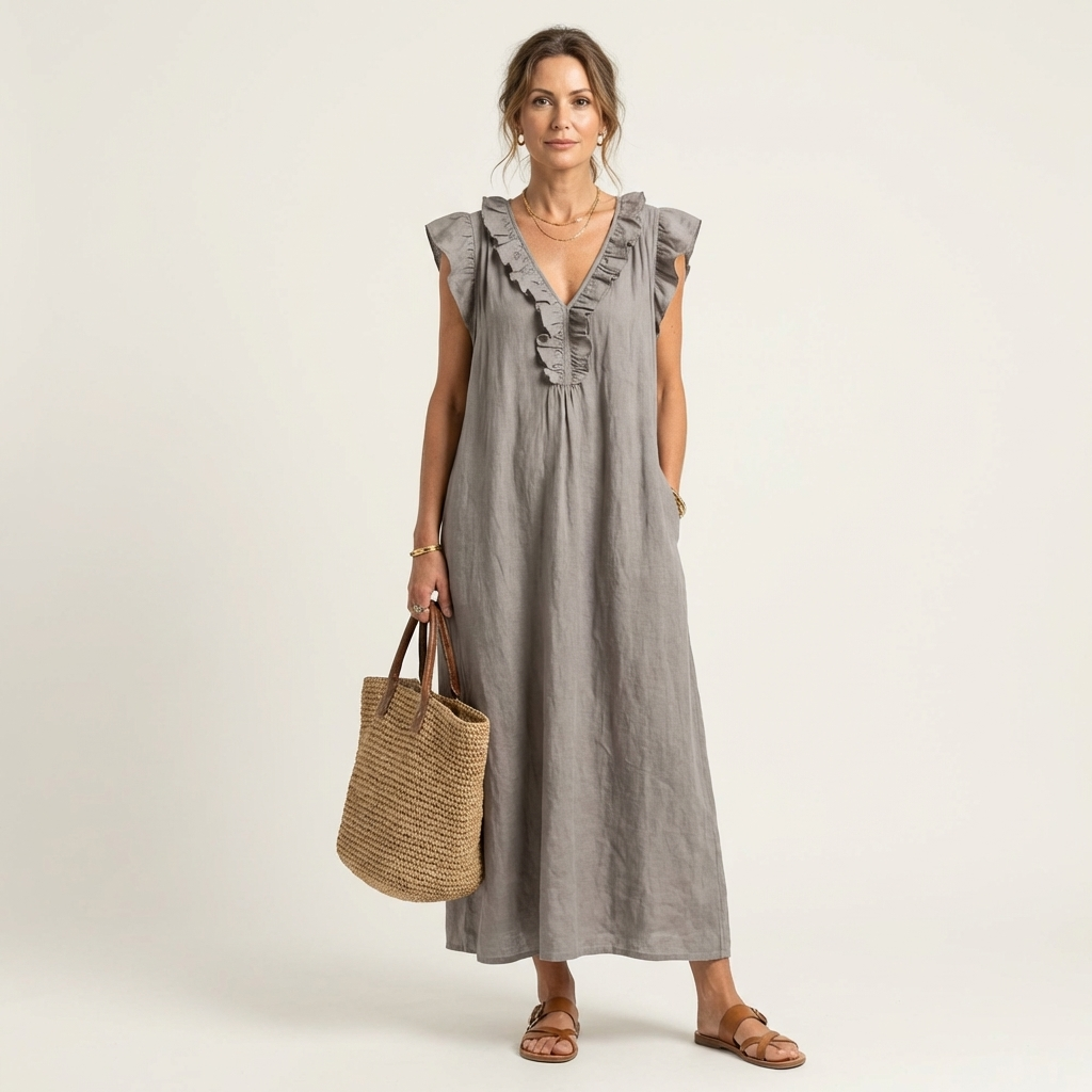 Gray linen maxi dress with ruffled V-neck and flutter sleeves