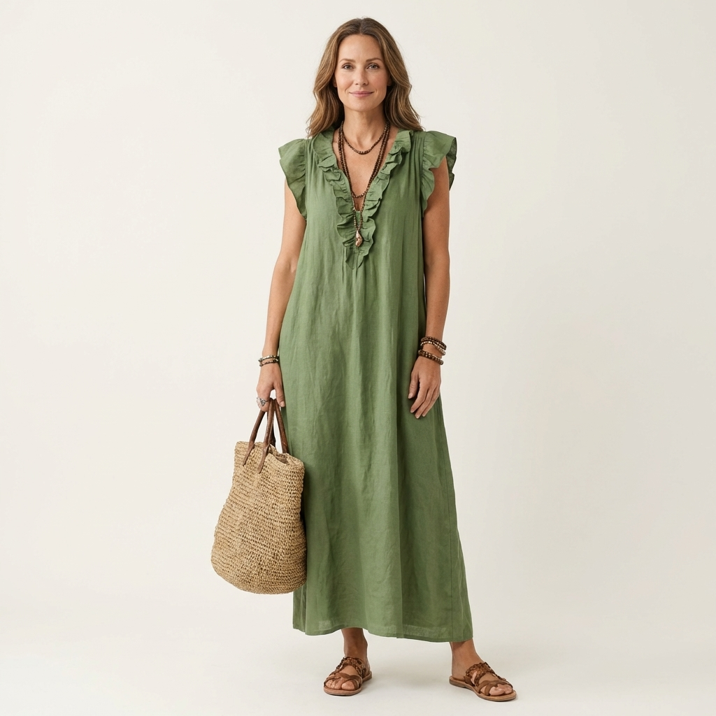 Green linen maxi dress with ruffled V-neck and flutter sleeves