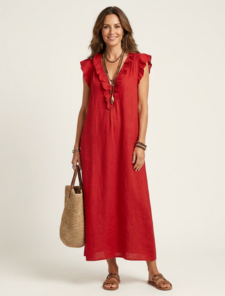 Red linen maxi dress with ruffled V-neck and flutter sleeves