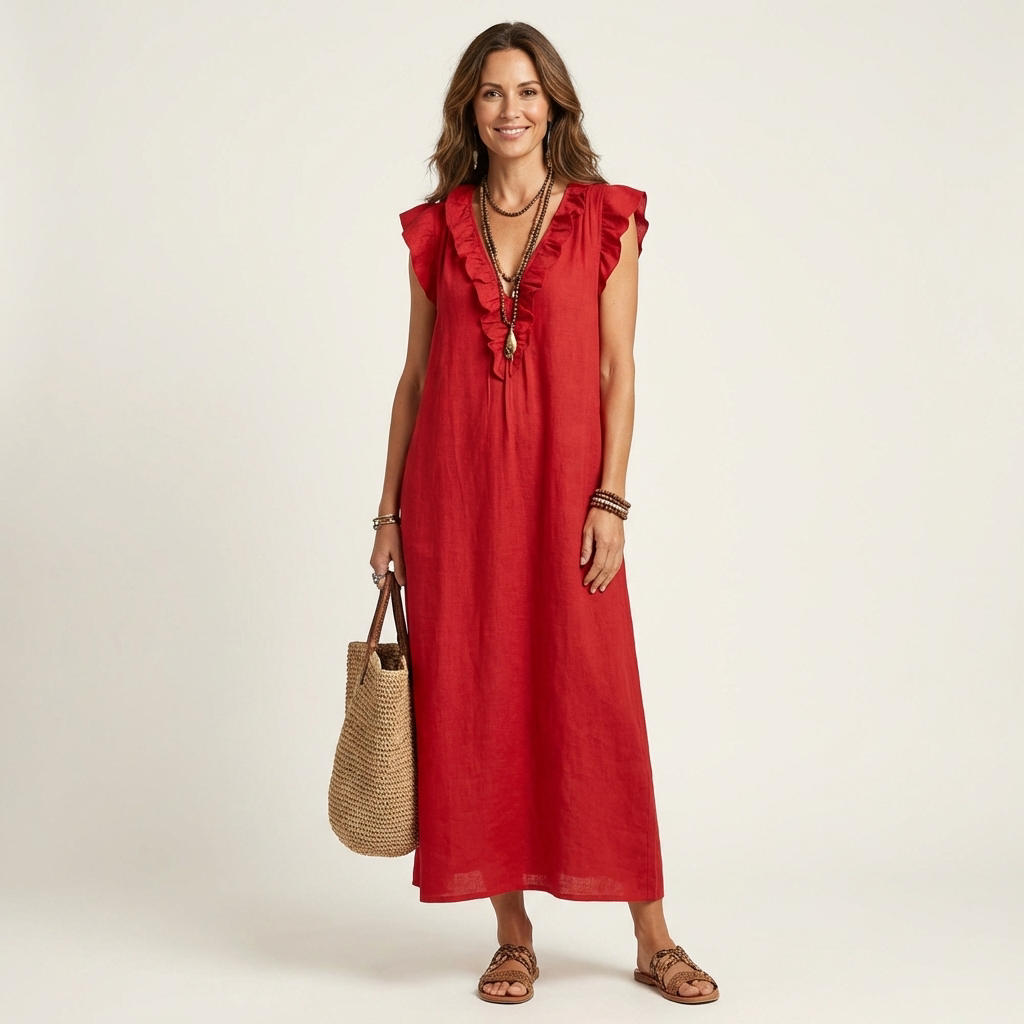 Red linen maxi dress with ruffled V-neck and flutter sleeves