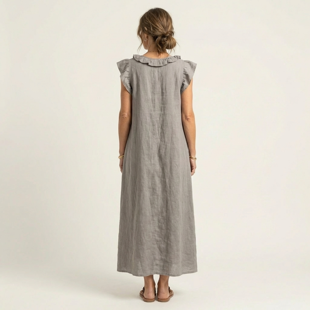 Gray linen maxi dress with ruffle-trimmed back yoke and flutter sleeves