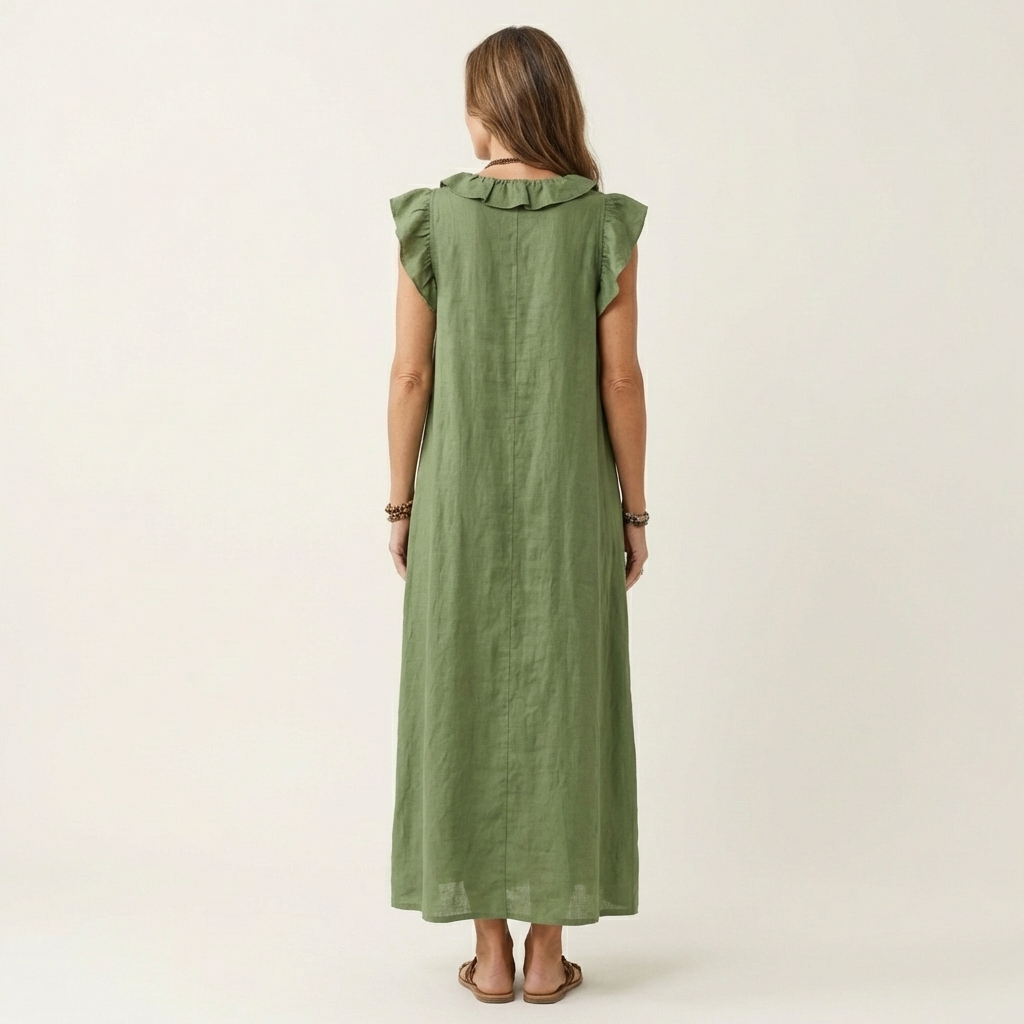 Green linen maxi dress with ruffle-trimmed back yoke and flutter sleeves