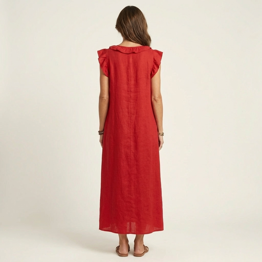 Red linen maxi dress with ruffle-trimmed back yoke and flutter sleeves