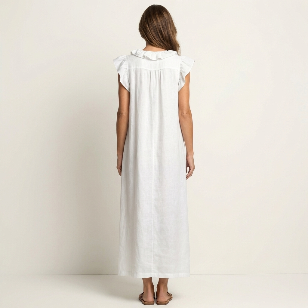 White sleeveless linen maxi dress with ruffle neckline and back yoke