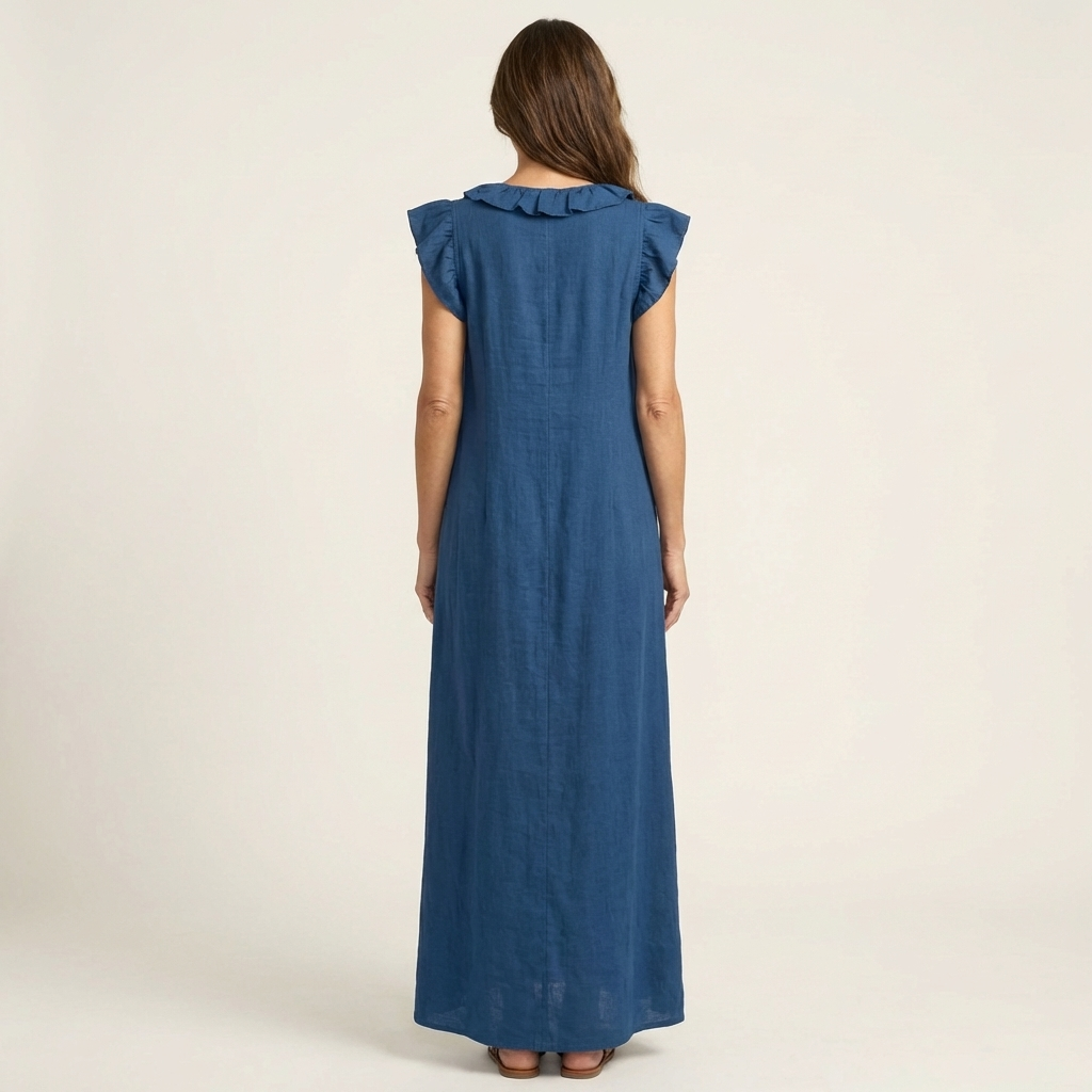 Blue linen maxi dress with ruffle-trimmed back yoke and flutter sleeves