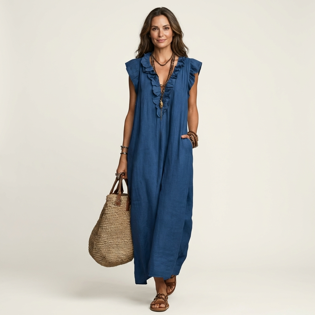 Blue linen maxi dress with ruffled V-neck and flutter sleeves