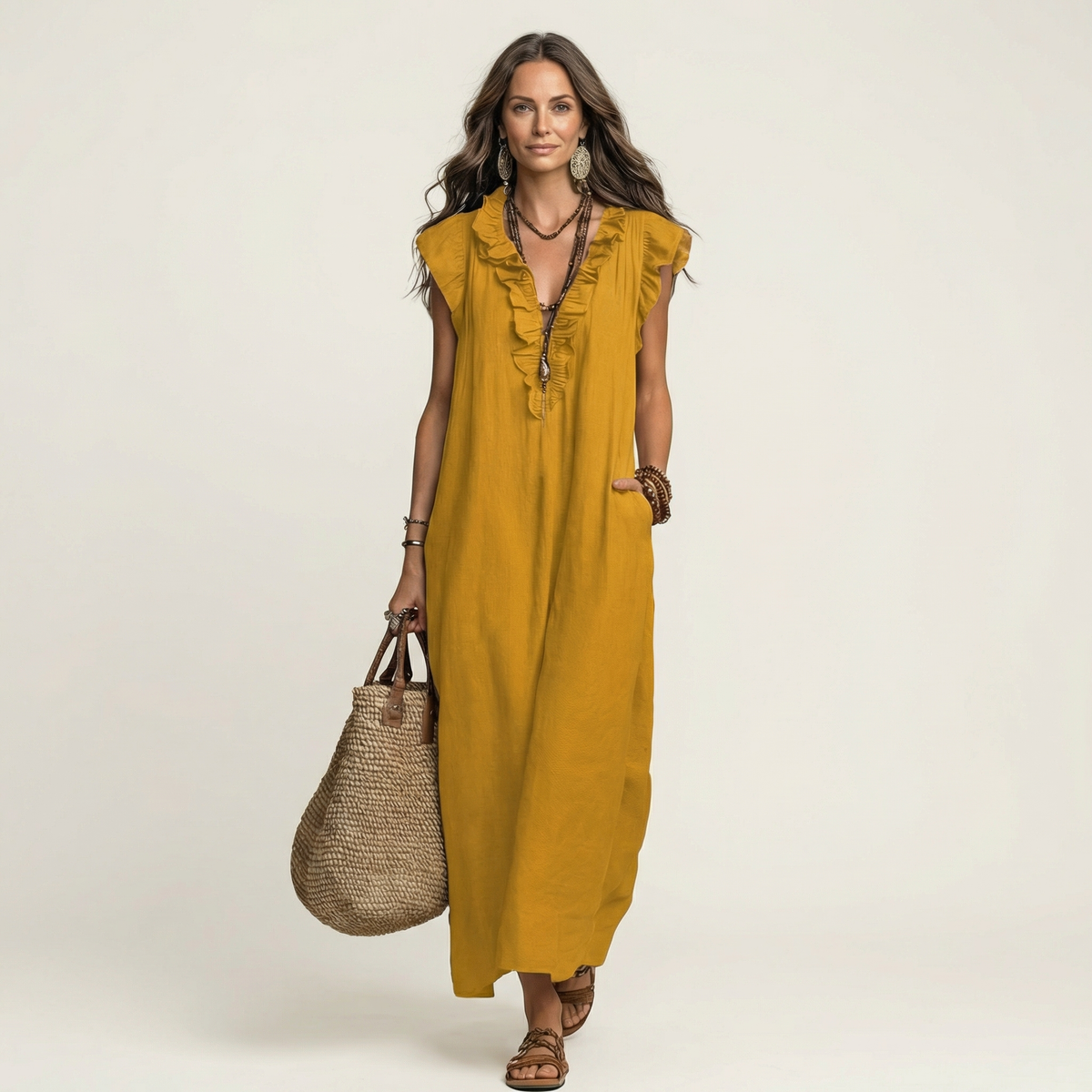 Mustard yellow ruffle V-neck linen maxi dress, sleeveless with gathered front