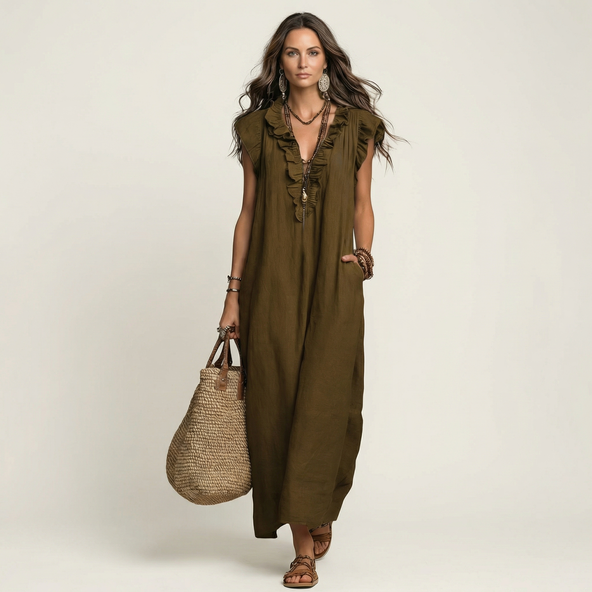 Olive green ruffle V-neck linen maxi dress, sleeveless with button-front placket