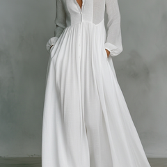 White long-sleeve maxi dress with V-neck and button-front, gathered waist