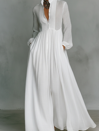White long-sleeve maxi dress with V-neck and button-front, gathered waist