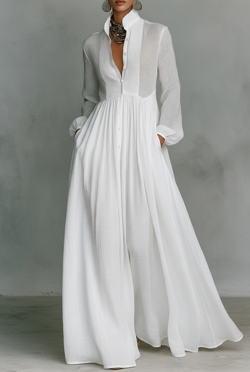 White long-sleeve maxi dress with V-neck and button-front, gathered waist