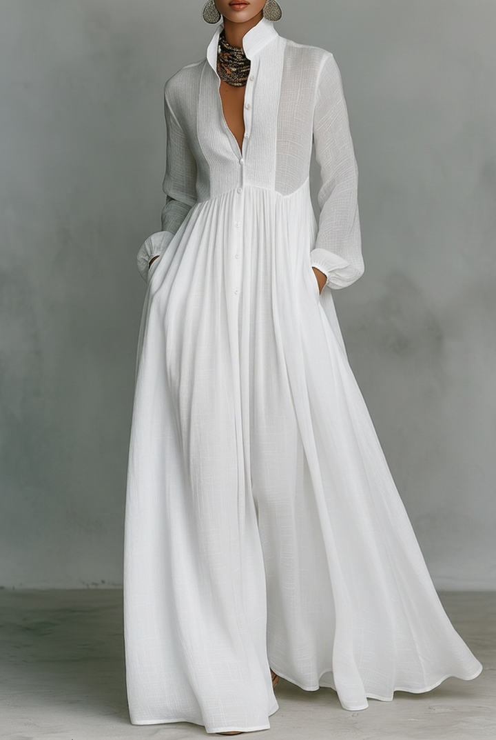White long-sleeve maxi dress with V-neck and button-front, gathered waist