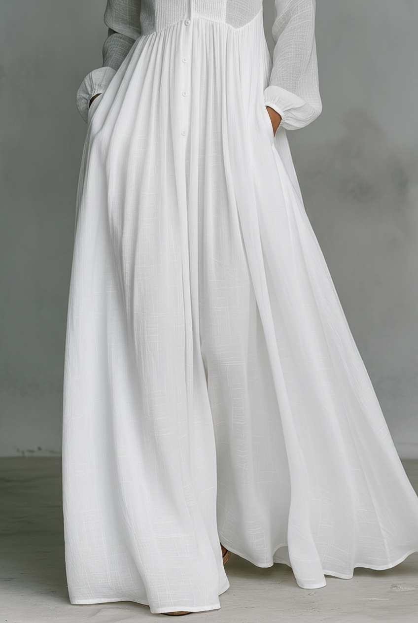 White long maxi dress with V-neck, button placket, gathered waist and flowing skirt