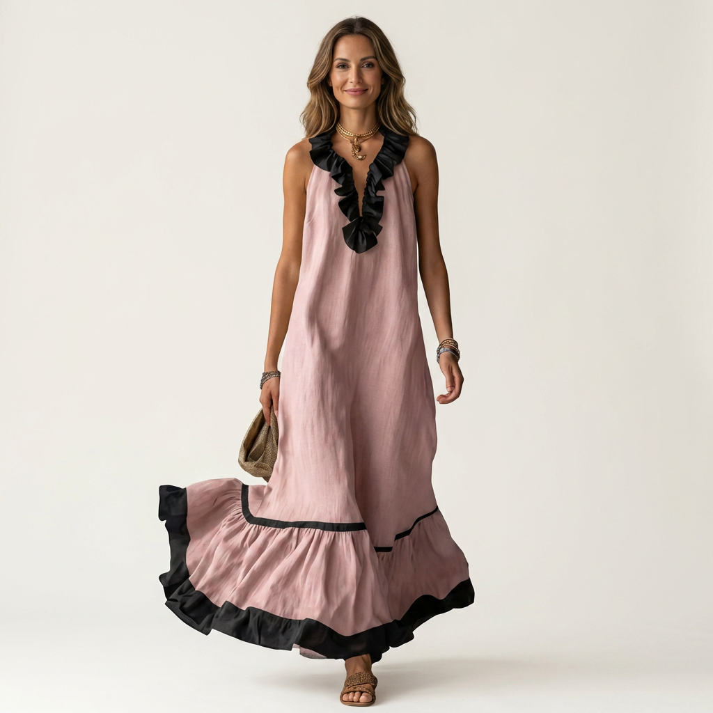 Pink sleeveless maxi dress with ruffle neck and black contrast trim, tiered skirt