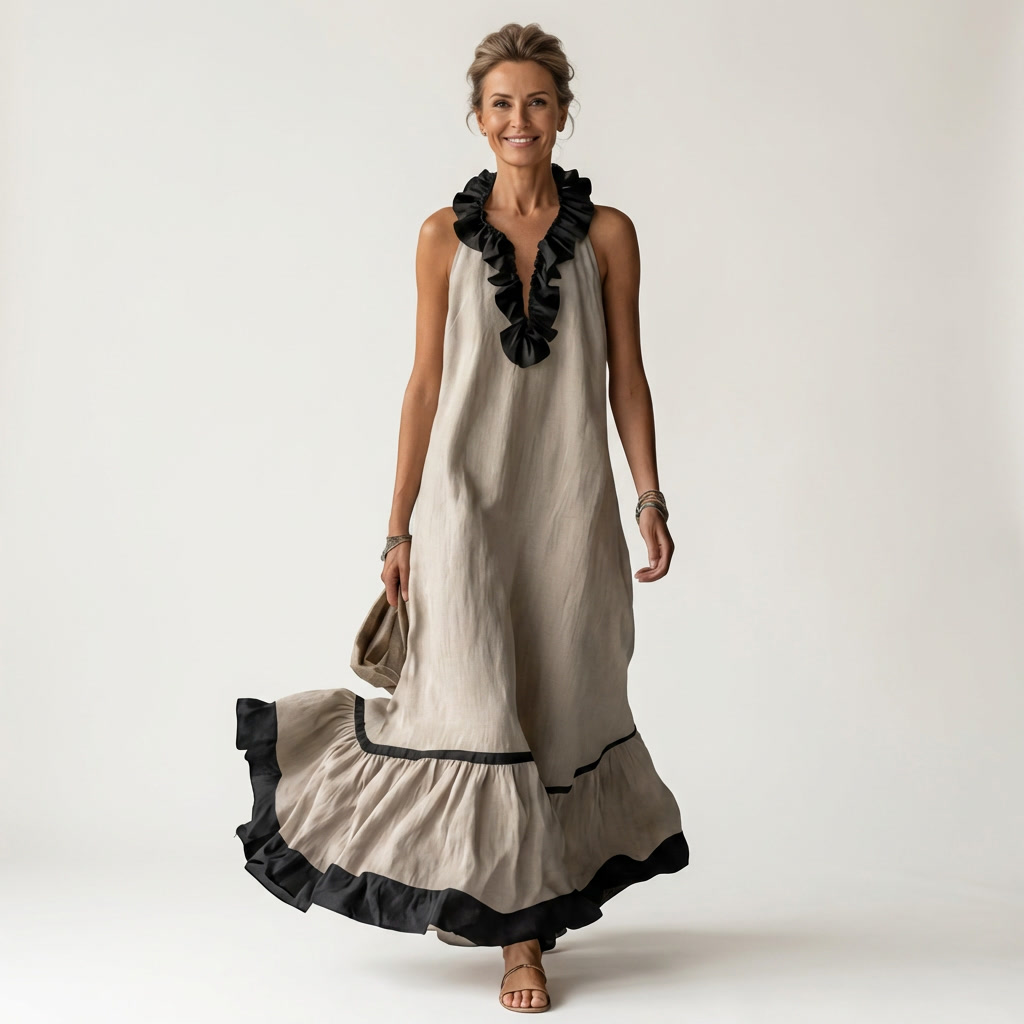 Sleeveless maxi dress with black ruffle neckline and contrast trim, off-white tiered skirt