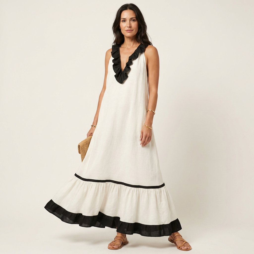 Sleeveless maxi dress with black ruffle neck, off-white with contrast trim and tiered hem