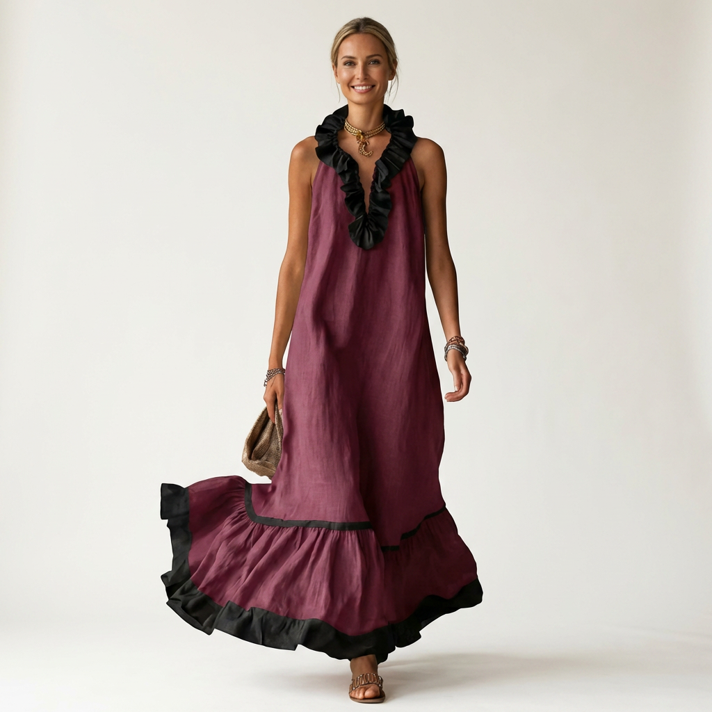 Burgundy sleeveless maxi dress with ruffle neck and black contrast trim, tiered hem