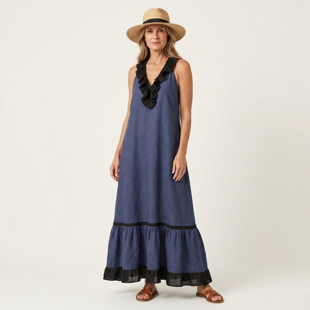 Blue sleeveless maxi dress with ruffle neck and black contrast trim, tiered hem